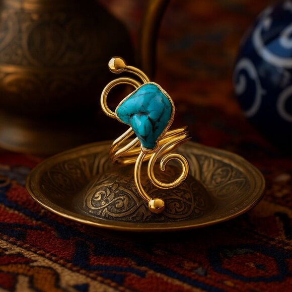 🆕️Turkish Artisan 18K Gold Plated Brass Adjustable Turquoise Cocktail Ring - Picture 10 of 11